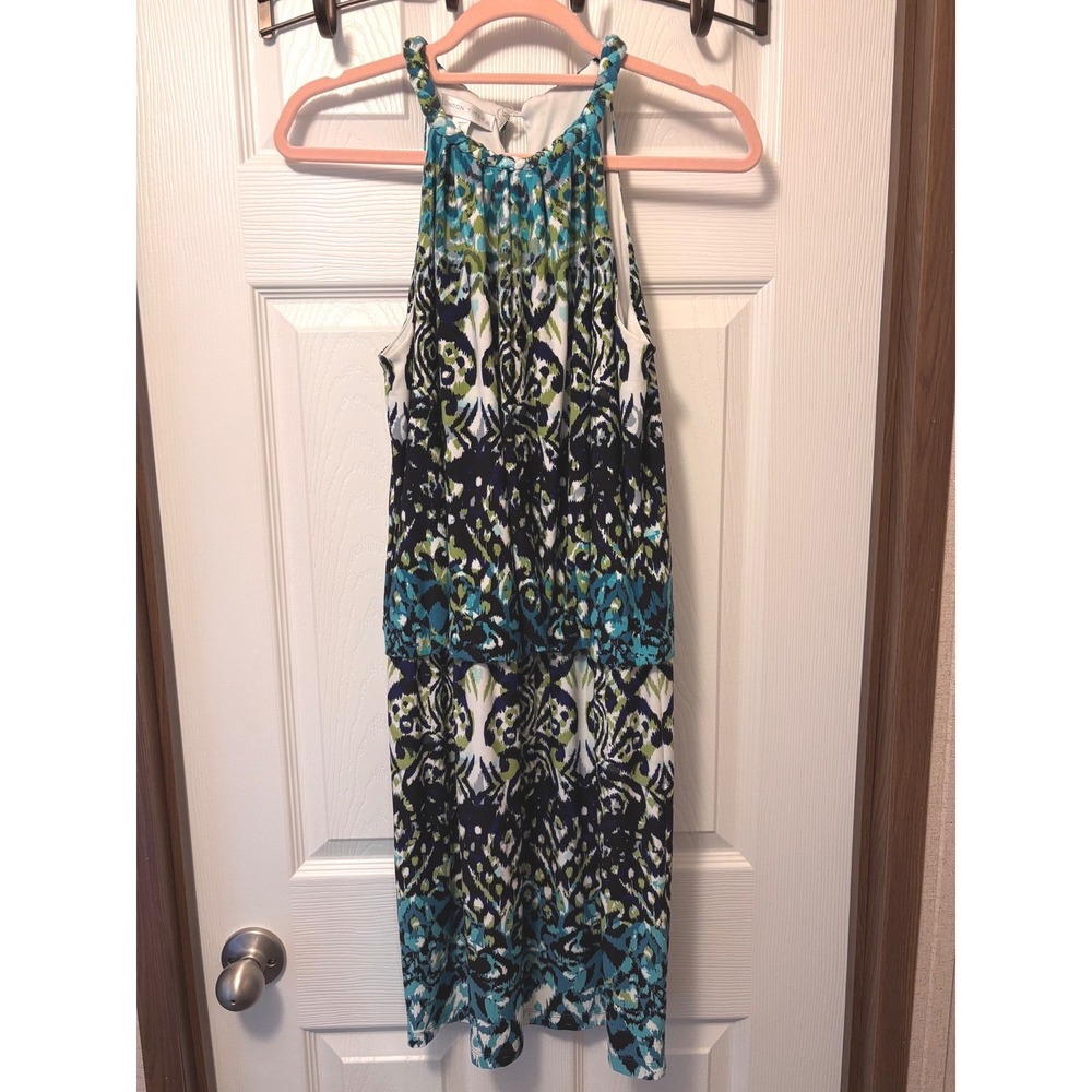 London Times Halter Blouson Dress Teal Navy Ikat Print Size 6